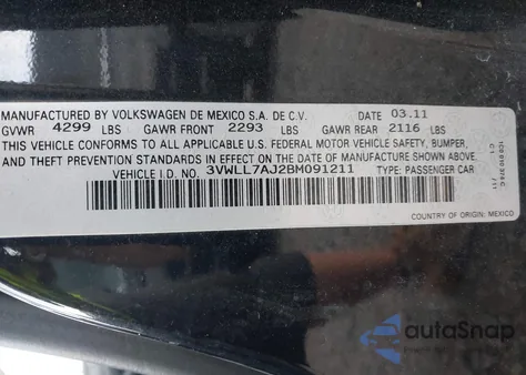 2011 Volkswagen Jetta 2.0L Tdi из США, поврежденный, VIN 3VWLL7AJ2BM091211